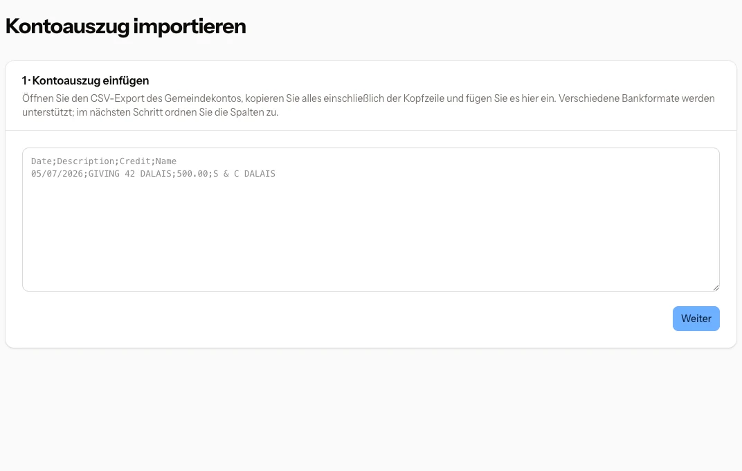 CBC-Bankimport mit CSV-Eingabe, Währung und Spaltenzuordnung.