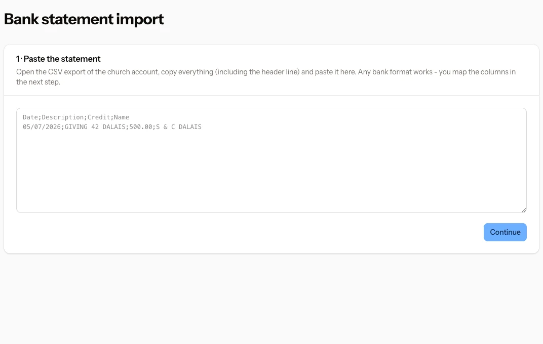 CBC bank statement import with CSV entry, currency and column mapping.