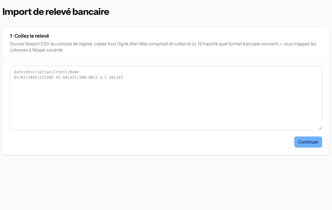 Import de relevés bancaires CBC avec saisie CSV, devise et correspondance des colonnes.