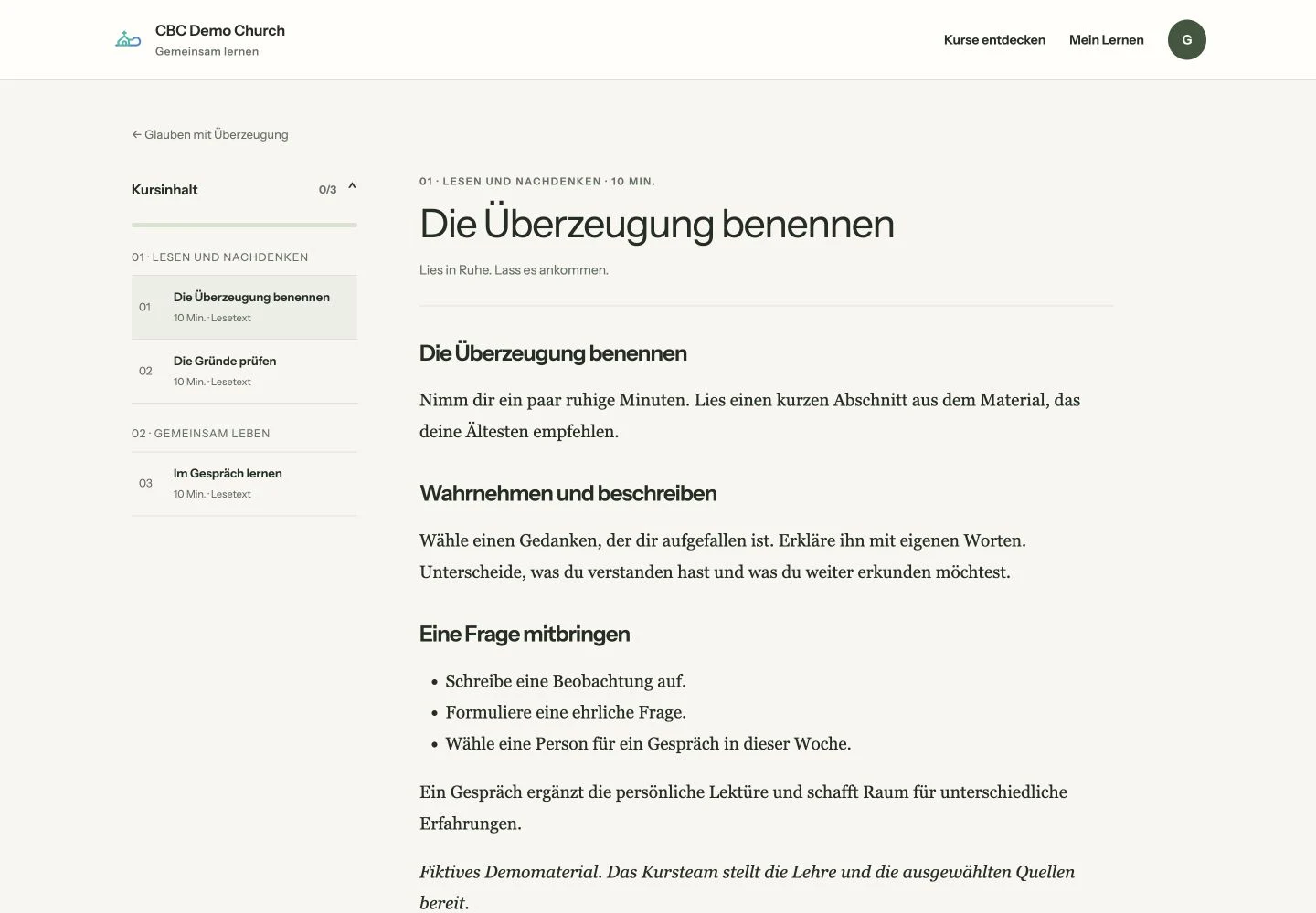 CBC-Lektionsansicht mit Lesetext, Lektionsnavigation und Reflexion.