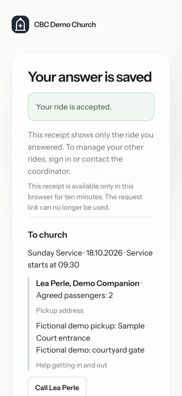 The real CBC demo: an agreed driver journey with two fictional passengers, pickup details and contact options.